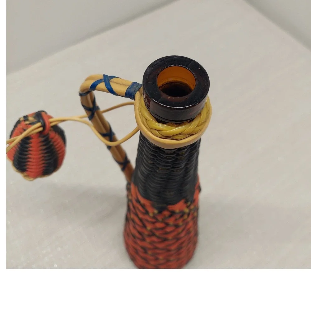 Vintage Woven Wrapped Amber Glass Decanter Bottle Orange Black Tiki Mid Century